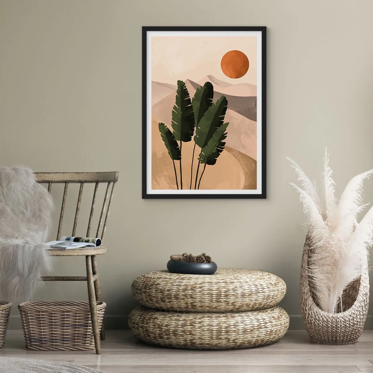 Poster în ramă neagră - Plante într-un decor deșertic cu apusul soarelui, peisaj abstract - 50x70cm - Triumful vieții - Decorațiune modernă pentru perete pentru living și dormitor ARTTOR