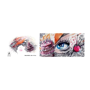 Mostră tapet Premium Sand - Cu ea fiecare zi e o sărbătoare - Abstracția, Chipul de femeie, Tort - 100x30 cm
