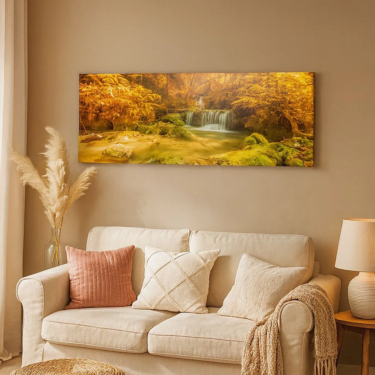 Tablou pe pânză - Cascadă de pădure în aur - 100x40 cm