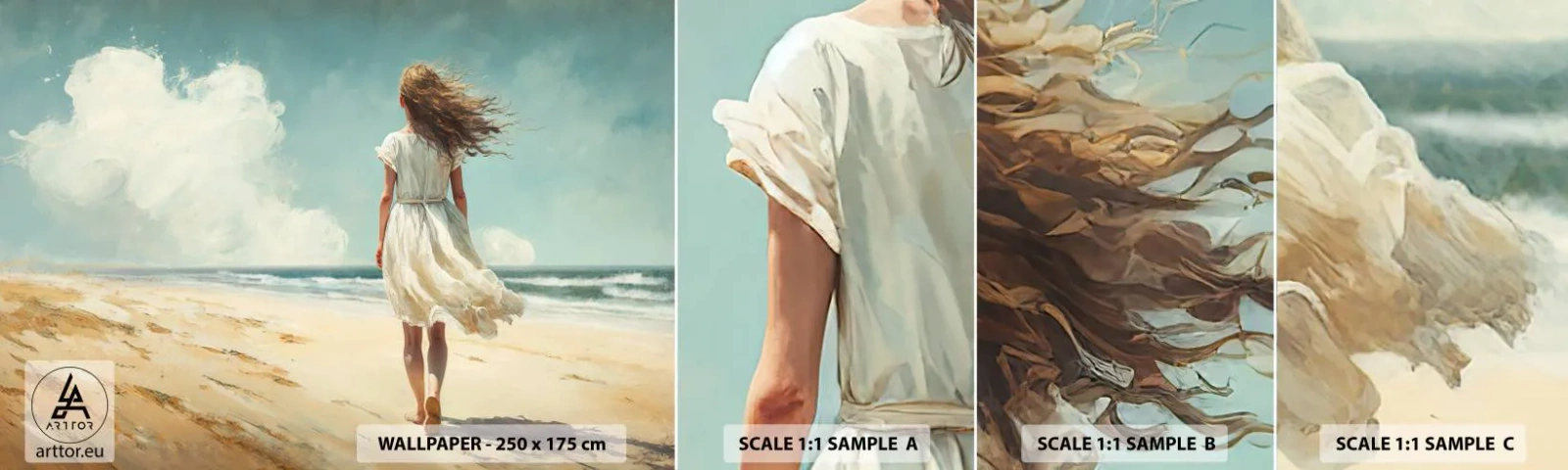 Mostră tapet autocolant Deluxe Sticker - Vreau să întâlnesc soarele și vântul - Fată, plajă, Mers pe jos - 100x30 cm