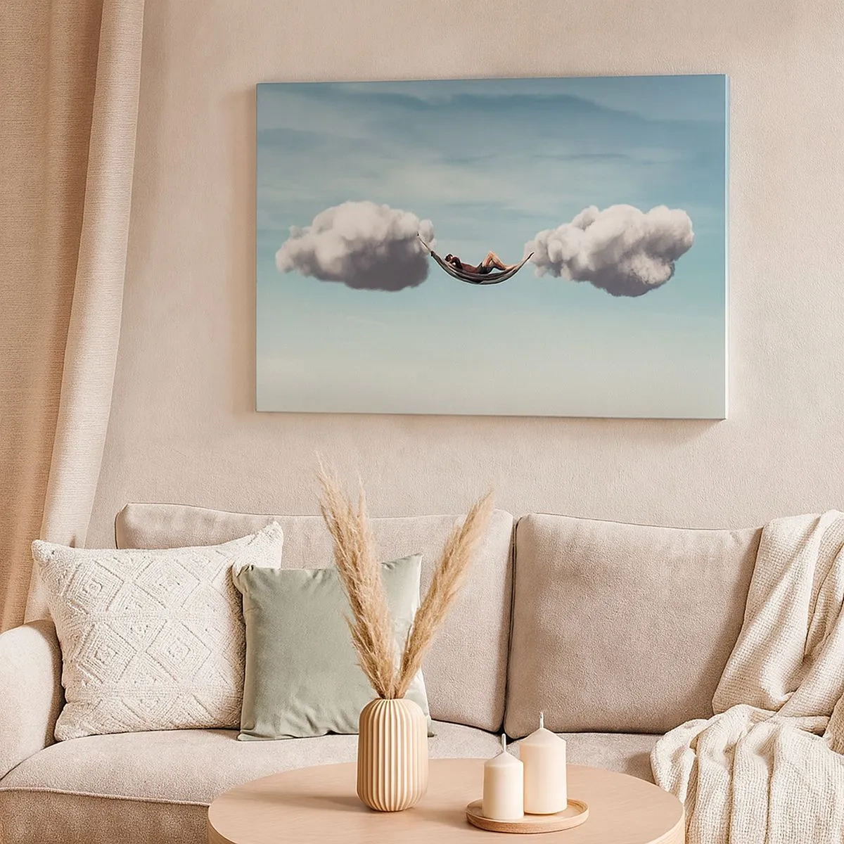 Tablou pe pânză Canvas - O persoană care se relaxează într-un hamac suspendat în nori - 70x50cm - Fericirea momentului - Decorațiune modernă pentru perete pentru living și dormitor ARTTOR