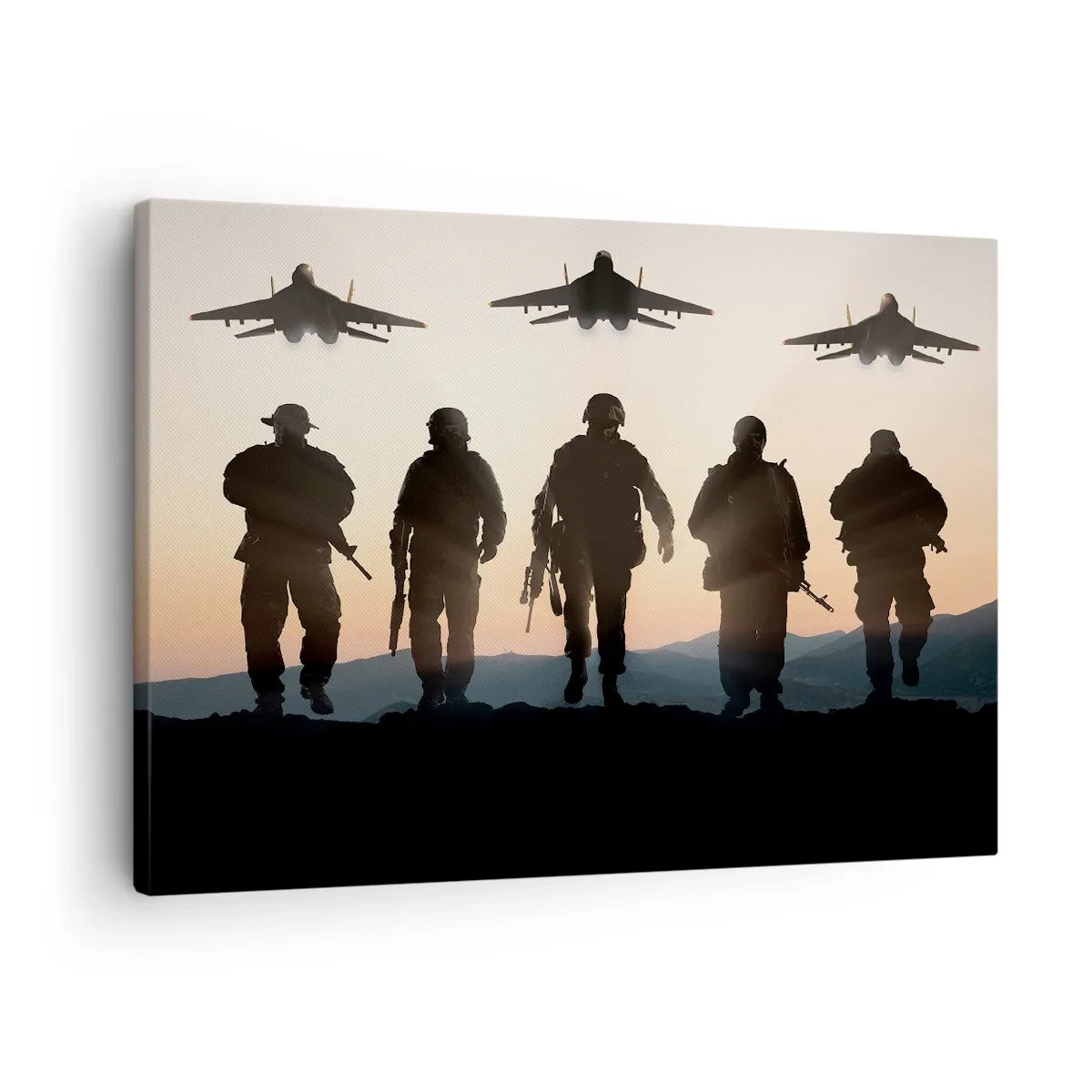 Tablou pe pânză Canvas - Siluete de soldați și avioane de vânătoare pe fundalul apusului de soare - 70x50cm - Bun venit în lumea mea - Decorațiune modernă pentru perete pentru living și dormitor ARTTOR