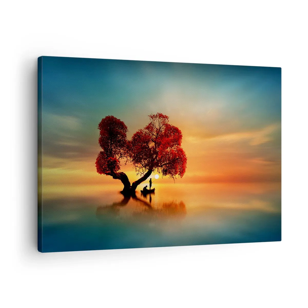 Tablou pe pânză Canvas - Un copac cu frunze roșii și o barcă pe apă la apus - 70x50cm - Lume îndepărtată și tăcută - Decorațiune modernă pentru perete pentru living și dormitor ARTTOR
