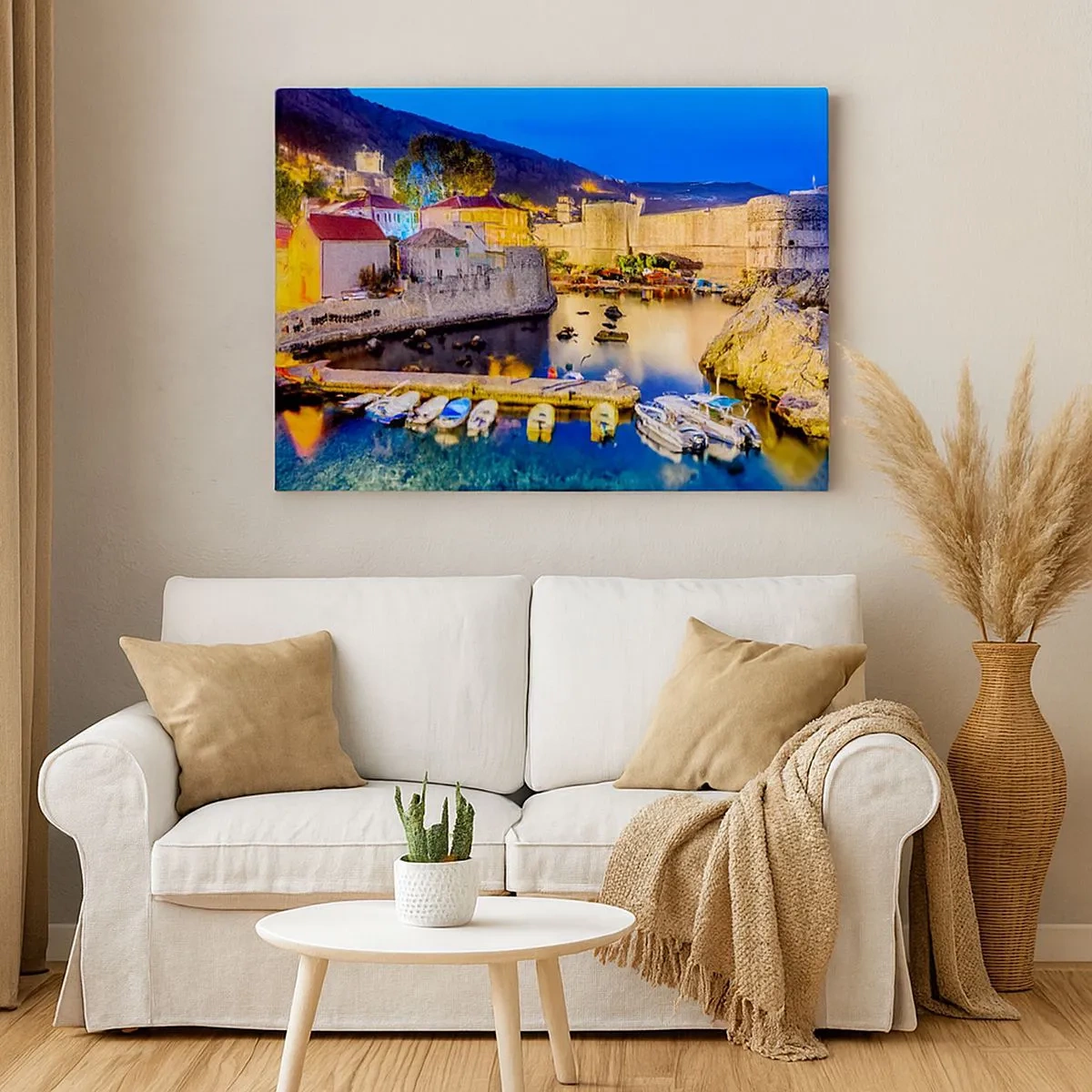 Tablou pe pânză Canvas - Un port pitoresc noaptea, cu clădiri iluminate - 70x50cm - O noapte luminoasă pe Marea Adriatică - Decorațiune modernă pentru perete pentru living și dormitor ARTTOR