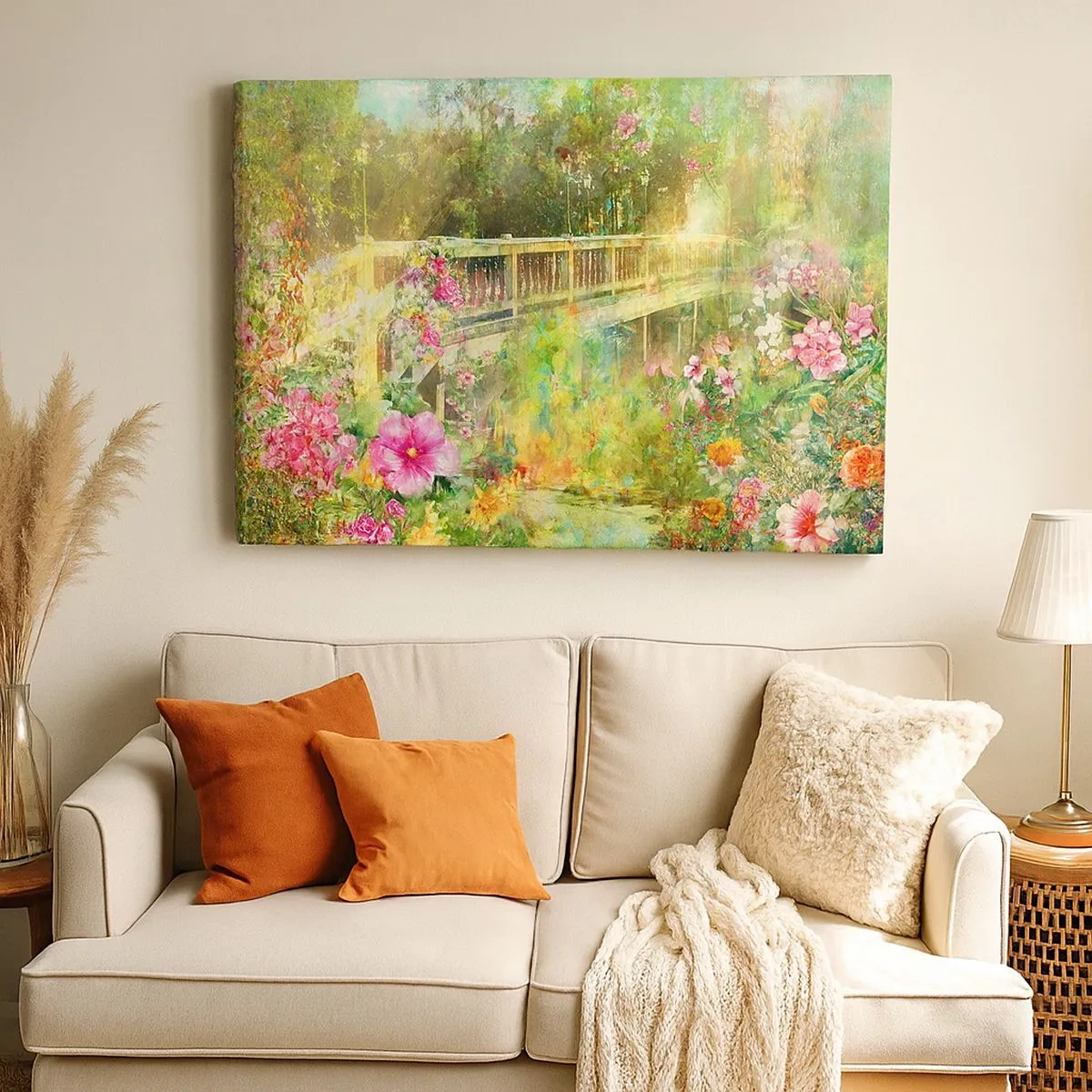 Tablou pe pânză Canvas - Un pod înconjurat de vegetație luxuriantă și flori - 70x50cm - Podul suspinelor de primăvară - Decorațiune modernă pentru perete pentru living și dormitor ARTTOR