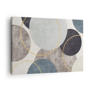 Tablou pe pânză Canvas - Cercuri geometrice în nuanțe de gri, albastru și auriu - 70x50cm - Roată cu roată - Decorațiune modernă pentru perete pentru living și dormitor ARTTOR