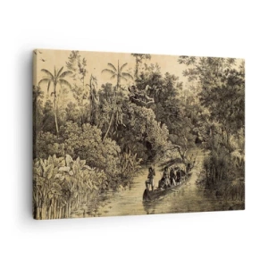 Tablou pe pânză Canvas - Desen al unei jungle cu o barcă pe un râu - 70x50cm - Călătorie la sursă - Decorațiune modernă pentru perete pentru living și dormitor ARTTOR