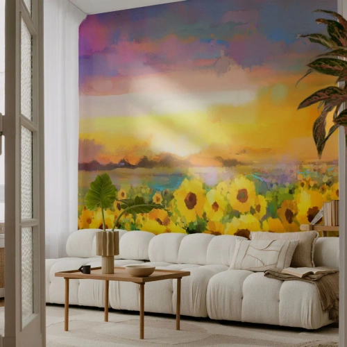 Fototapetă personalizată Premium Canvas - Soarele însuși a coborât pe pământ - Câmp de floarea soarelui, floarea soarelui, Natură