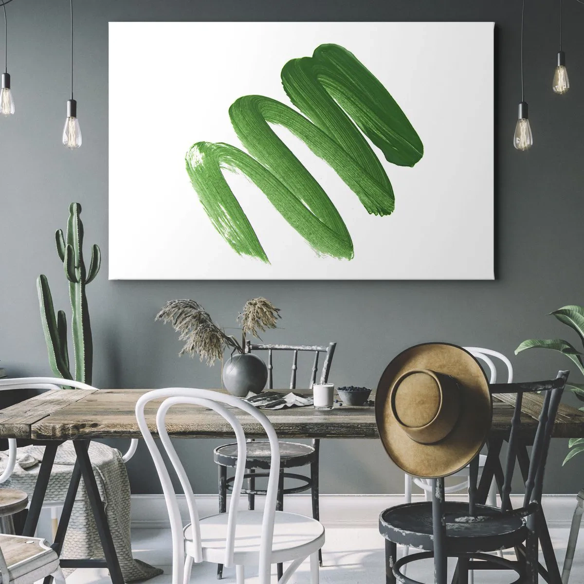 Tablou pe pânză Canvas - tușă de pensulă abstractă verde pe fundal alb - 70x50cm - Glumă verde - Decorațiune modernă pentru perete pentru living și dormitor ARTTOR