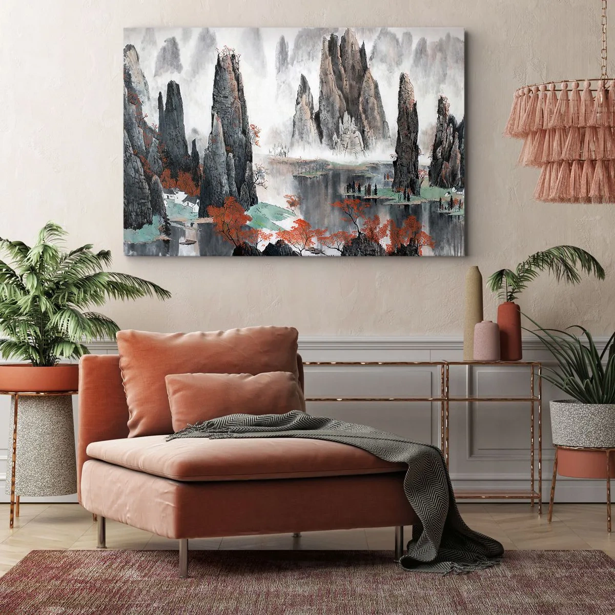 Tablou pe pânză Canvas - Stânci și copaci pitorești în peisajul chinezesc încețoșat - 70x50cm - Gardieni puternici - Decorațiune modernă pentru perete pentru living și dormitor ARTTOR