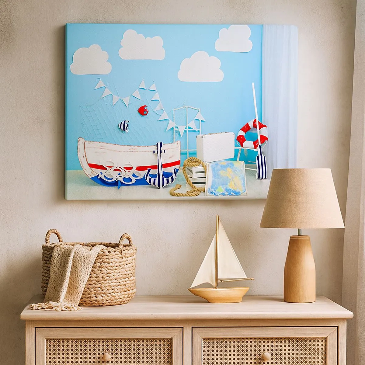 Tablou pe pânză Canvas - Decor nautic cu o barcă și accesorii pe un fundal albastru - 70x50cm - Dorința copilărească de aventură - Decorațiune modernă pentru perete pentru living și dormitor ARTTOR