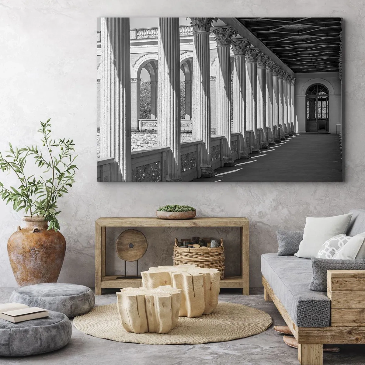 Tablou pe pânză Canvas - Colonată în stil clasic în alb și negru - 70x50cm - Arcadă însorită - Decorațiune modernă pentru perete pentru living și dormitor ARTTOR