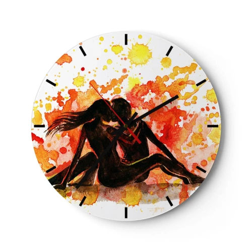 Ceas de perete - Ceas pe sticlă - O scenă de dragoste artistică în culori de acuarelă - 30x30cm - Şi a fost lumină - Decorațiune modernă pentru perete pentru living, bucătărie și dormitor ARTTOR