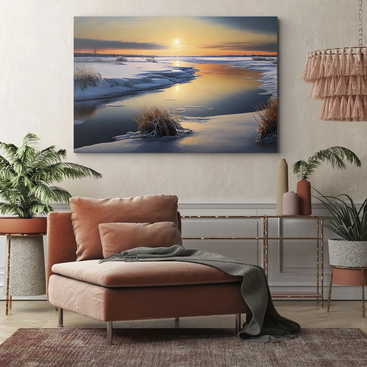 Tablou pe pânză Canvas - Peisaj de iarnă cu un râu la apus - 70x50cm - Apus de soare pe timp de iarnă - Decorațiune modernă pentru perete pentru living și dormitor ARTTOR