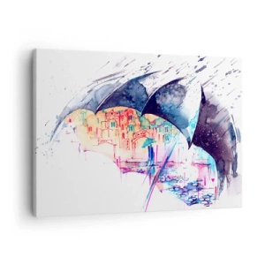Tablou pe pânză Canvas - Un oraș colorat ascuns sub umbrele abstracte - 70x50cm - Plimbare în ploaie - Decorațiune modernă pentru perete pentru living și dormitor ARTTOR