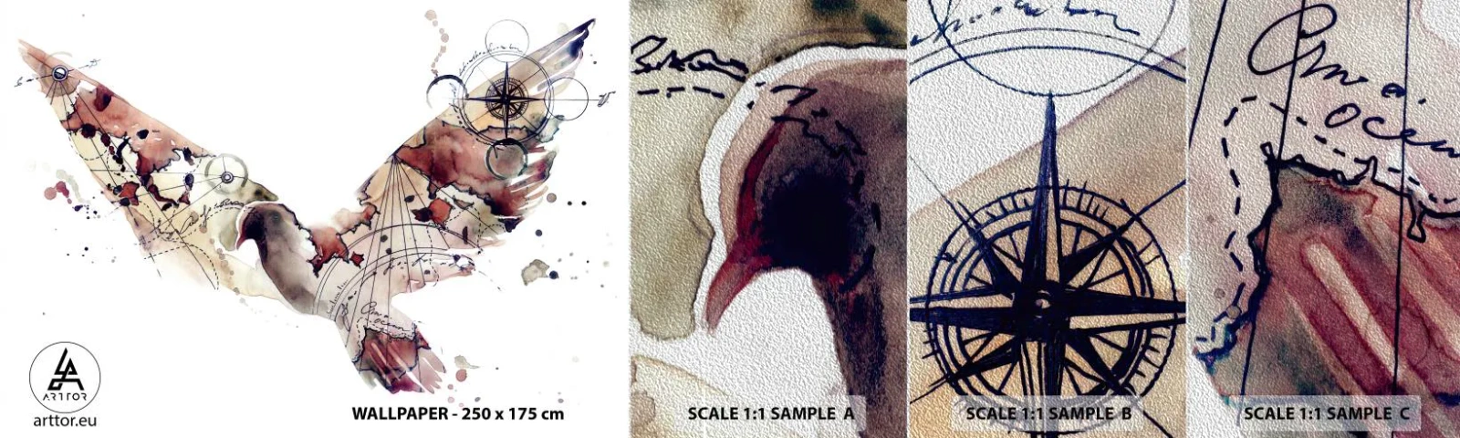 Mostră tapet Premium Sand - Vagabondul cu capul în nori - Păsări, Porumbel, Abstracția - 100x30 cm
