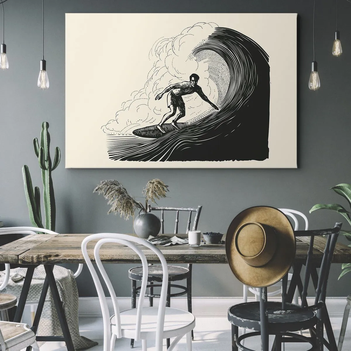Tablou pe pânză Canvas - Grafică alb-negru a unui surfer care călărește un val - 70x50cm - Regele valului - Decorațiune modernă pentru perete pentru living și dormitor ARTTOR