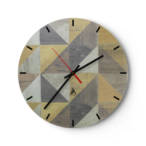 Ceas de perete - Ceas pe sticlă - Model geometric de triunghiuri în nuanțe de gri și bej - 30x30cm - La unghiul triunghiului - Decorațiune modernă pentru perete pentru living, bucătărie și dormitor ARTTOR