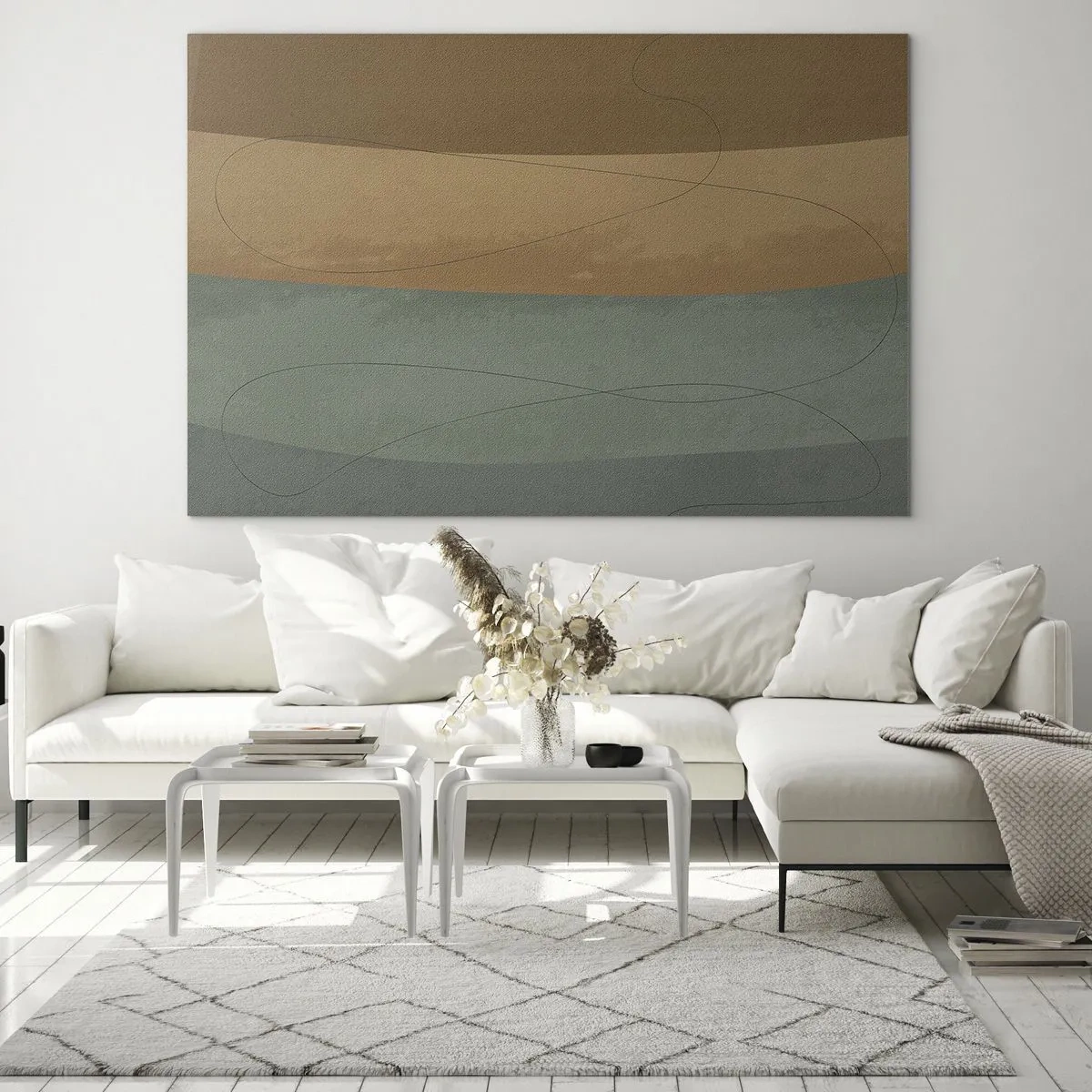 Tablou pe sticlă - Dungi abstracte în tonuri pământii - 70x50cm - Compoziție orizontală - Decorațiune modernă pentru perete pentru living și dormitor ARTTOR