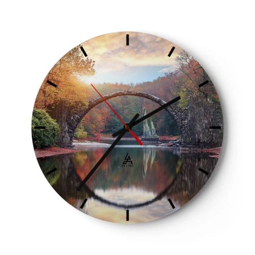 Ceas de perete - Ceas pe sticlă - Un pod arc de piatră care se reflectă în apă creează un cerc - 30x30cm - De cealaltă parte a oglinzii - Decorațiune modernă pentru perete pentru living, bucătărie și dormitor ARTTOR