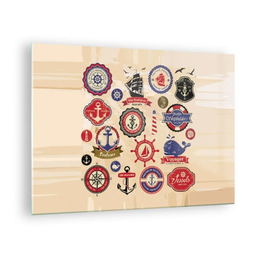 Tablou pe sticlă - Embleme și simboluri nautice pe fundal bej - 70x50cm - Frăția navigării - Decorațiune modernă pentru perete pentru living și dormitor ARTTOR