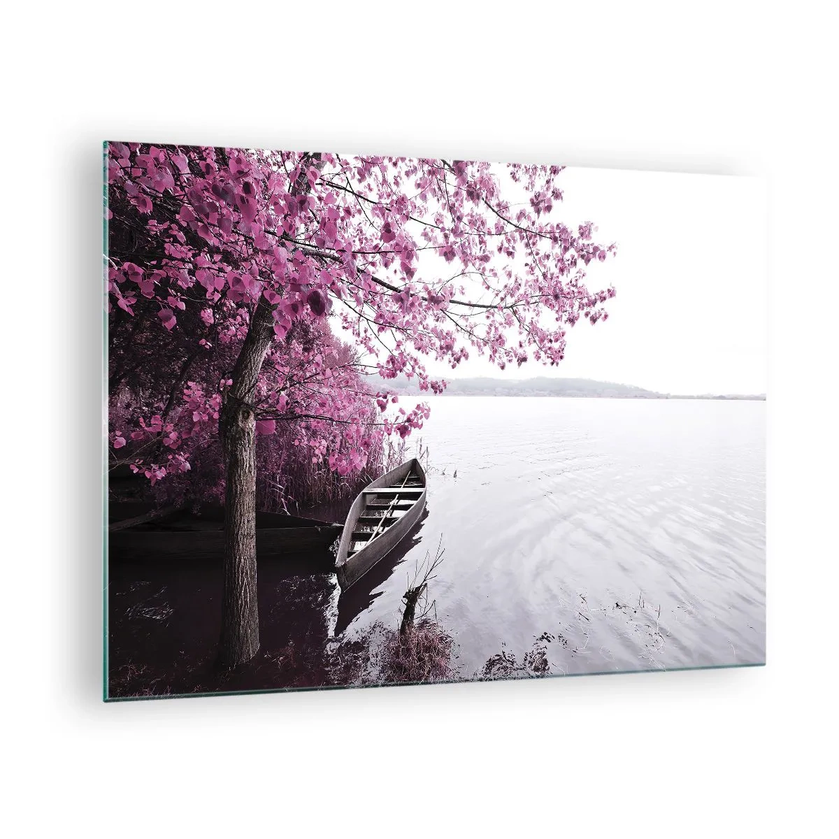 Tablou pe sticlă - O barcă pe țărm cu un copac roz deasupra apei - 70x50cm - În tăcerea roz - Decorațiune modernă pentru perete pentru living și dormitor ARTTOR