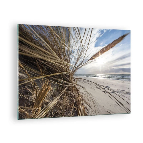 Tablou pe sticlă - Iarbă aurie pe fundalul unei plaje nisipoase și al mării - 70x50cm - O întâlnire a elementelor - Decorațiune modernă pentru perete pentru living și dormitor ARTTOR