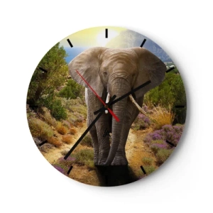Ceas de perete - Ceas pe sticlă - Un elefant în fundalul naturii într-o zi însorită - 30x30cm - Iată cum arăta Edenul - Decorațiune modernă pentru perete pentru living, bucătărie și dormitor ARTTOR