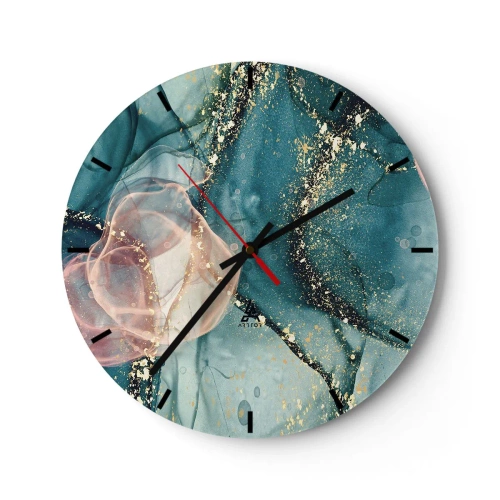 Ceas de perete - Ceas pe sticlă - Stropi artistice de culoare în nuanțe de turcoaz și roz cu accente aurii - 30x30cm - Mătase albastră, tul roz - Decorațiune modernă pentru perete pentru living, bucătărie și dormitor ARTTOR