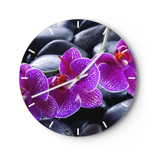 Ceas de perete - Ceas pe sticlă - Orhidee violete pe un fundal de pietre negre - 30x30cm - Pietrele s-au luminat de încântare - Decorațiune modernă pentru perete pentru living, bucătărie și dormitor ARTTOR