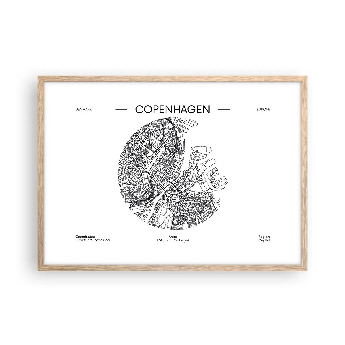 Poster în ramă de stejar deschis - Anatomia Copenhagăi - 70x50 cm