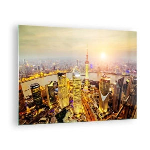 Tablou pe sticlă - Panoramă a orașului la apus cu zgârie-nori - 70x50cm - Visul asiatic - Decorațiune modernă pentru perete pentru living și dormitor ARTTOR