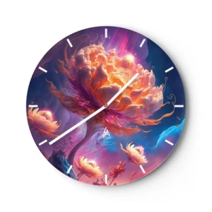 Ceas de perete - Ceas pe sticlă - O floare fantastică iluminată într-un peisaj cosmic - 30x30cm - O altă lume - Decorațiune modernă pentru perete pentru living, bucătărie și dormitor ARTTOR