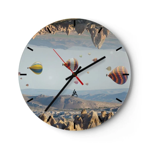 Ceas de perete - Ceas pe sticlă - Baloane pe fundalul unui peisaj montan - 30x30cm - Orice este posibil aici - Decorațiune modernă pentru perete pentru living, bucătărie și dormitor ARTTOR