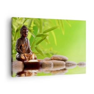 Tablou pe pânză Canvas - Figură de Buddha cu pietre și o lumânare pe un fundal de bambus - 70x50cm - Viața este frumoasă - Decorațiune modernă pentru perete pentru living și dormitor ARTTOR