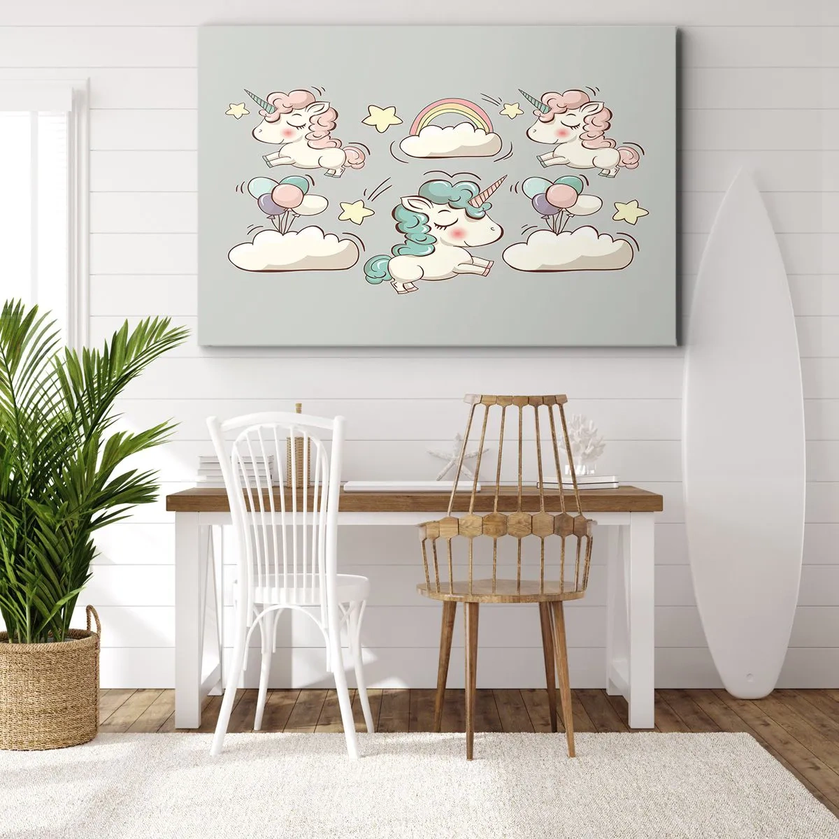 Tablou pe pânză Canvas - Unicorni drăguți pe un fundal pastel - 70x50cm - Există cu siguranță... - Decorațiune modernă pentru perete pentru living și dormitor ARTTOR