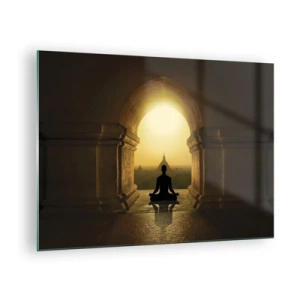 Tablou pe sticlă - Silueta unei persoane care meditează în lumina soarelui care apune într-un arc arhitectural - 70x50cm - Armonie completă - Decorațiune modernă pentru perete pentru living și dormitor ARTTOR
