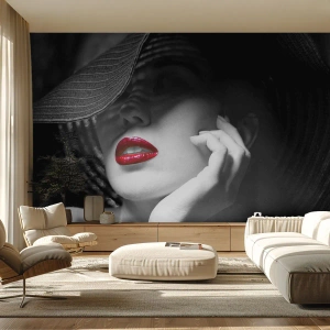 Tapet Premium Canvas - Studiu în stacojiu - Femeie, buze rosii, Modă - 400x280 cm