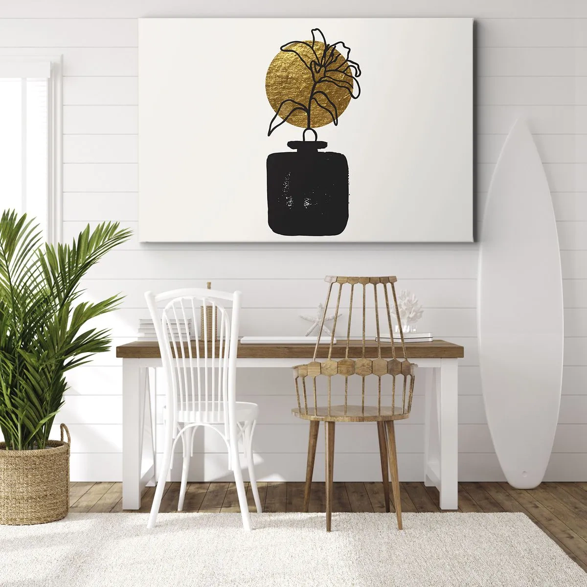 Tablou pe pânză Canvas - Un desen al unei flori într-o vază pe un fundal de cerc auriu - 70x50cm - Cât cântărește aurul? - Decorațiune modernă pentru perete pentru living și dormitor ARTTOR