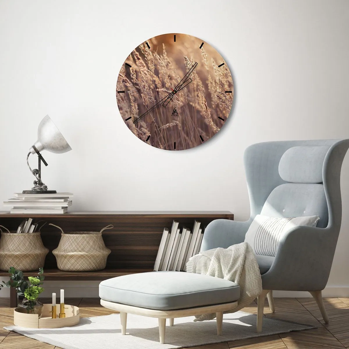 Ceas de perete - Ceas pe sticlă - Ierburi aurii în lumina apusului de toamnă - 30x30cm - Gata să întâmpine toamna - Decorațiune modernă pentru perete pentru living, bucătărie și dormitor ARTTOR