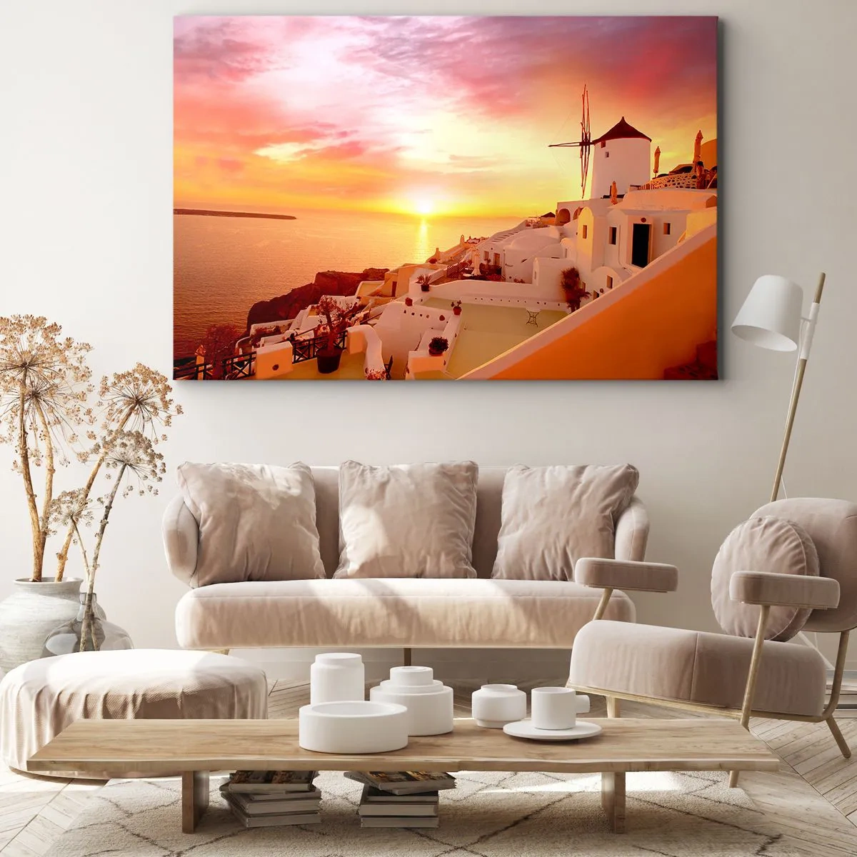 Tablou pe pânză Canvas - Santorini la apus cu o moară de vânt - 70x50cm - Dizolvându-se în alb și auriu - Decorațiune modernă pentru perete pentru living și dormitor ARTTOR