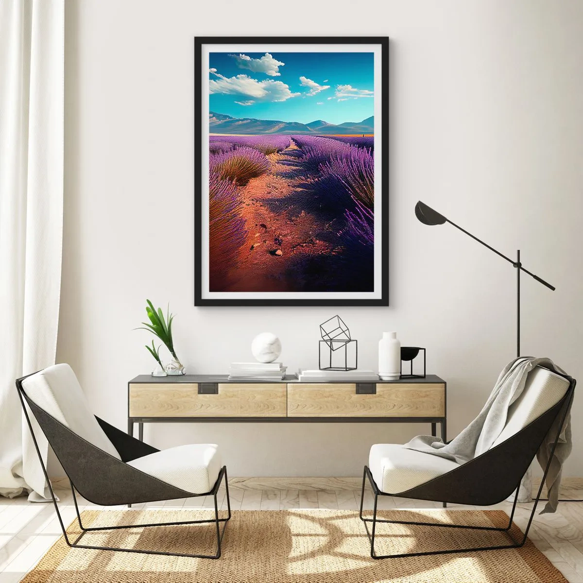 Poster în ramă neagră - Un câmp de lavandă la apus, cu un peisaj montan în fundal - 50x70cm - Câmpuri parfumate - Decorațiune modernă pentru perete pentru living și dormitor ARTTOR