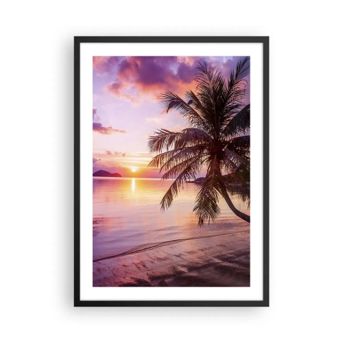 Poster în ramă neagră - Apus de soare tropical cu palmier pe plajă - 50x70cm - Euforie până la orizont - Decorațiune modernă pentru perete pentru living și dormitor ARTTOR