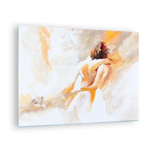 Tablou pe sticlă - Un nud delicat în culori pastelate calde - 70x50cm - În cerul proximității - Decorațiune modernă pentru perete pentru living și dormitor ARTTOR