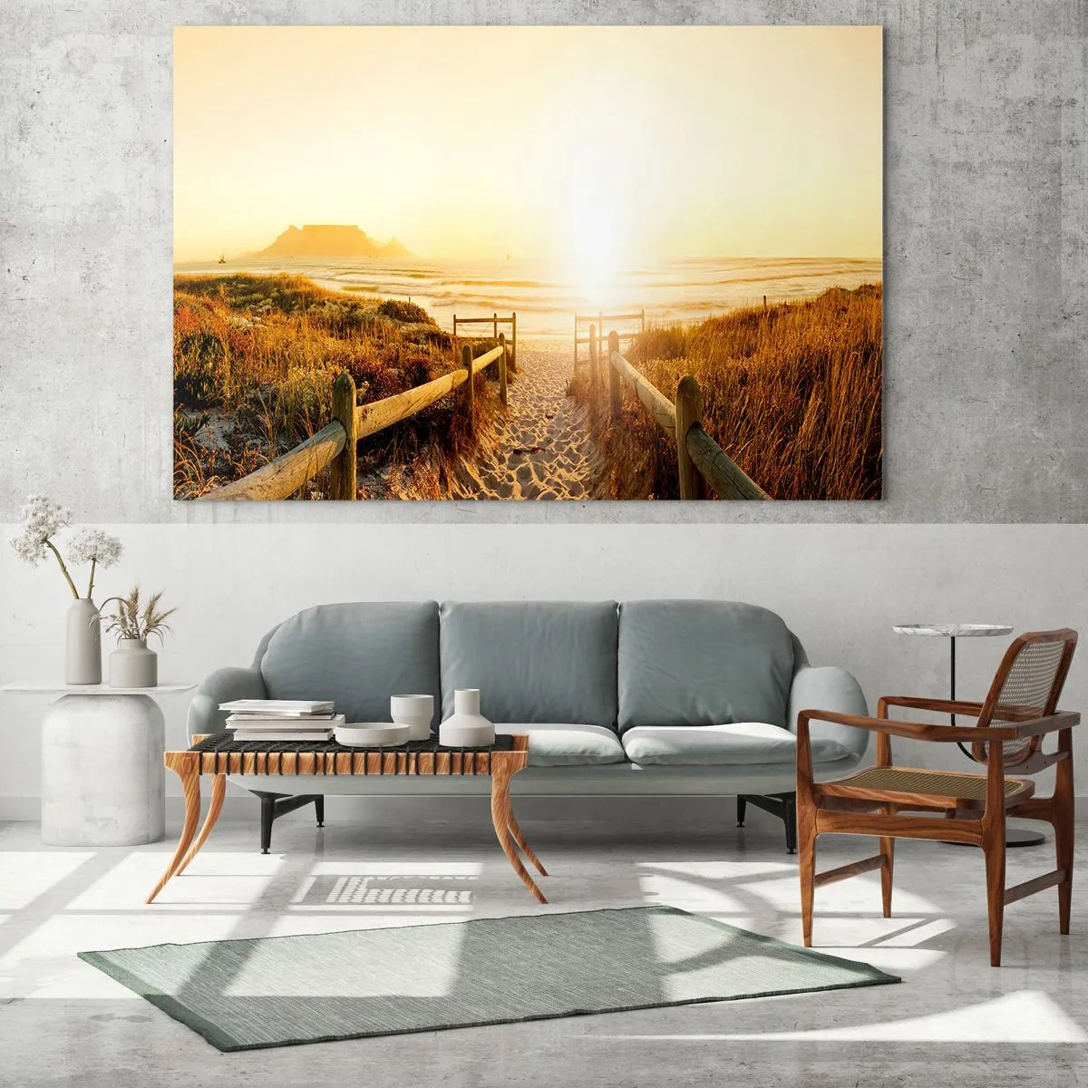 Tablou pe sticlă - Cale peste dună care duce la plajă la apus - 70x50cm - Prin dune spre soare - Decorațiune modernă pentru perete pentru living și dormitor ARTTOR