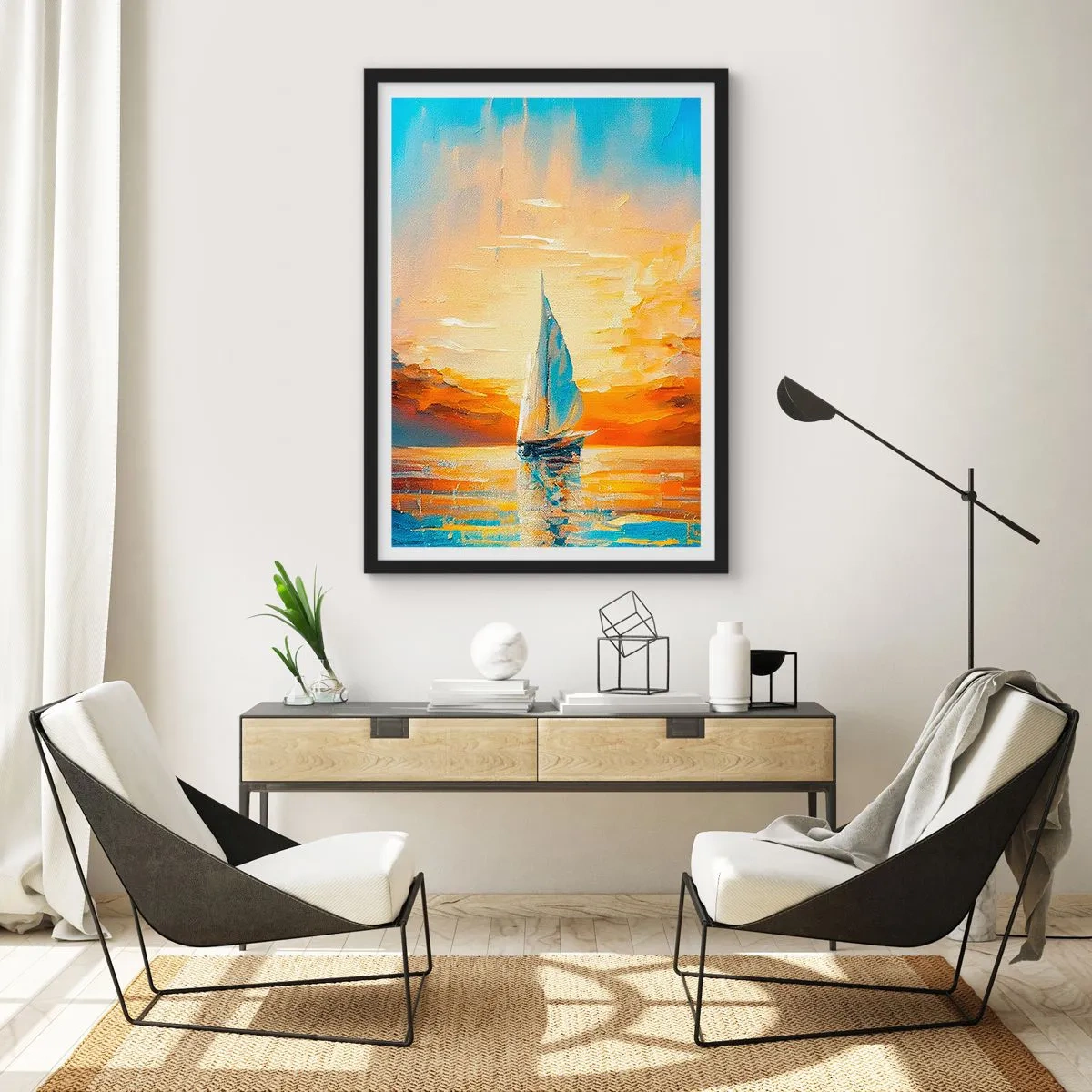 Poster în ramă neagră - O barcă cu pânze pe fundalul unui apus de soare auriu - 50x70cm - Navigare prin aur - Decorațiune modernă pentru perete pentru living și dormitor ARTTOR