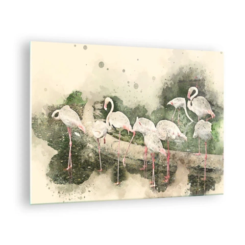 Tablou pe sticlă - Flamingo pe fundalul unei compoziții în acuarelă - 70x50cm - Un vis exotic - Decorațiune modernă pentru perete pentru living și dormitor ARTTOR