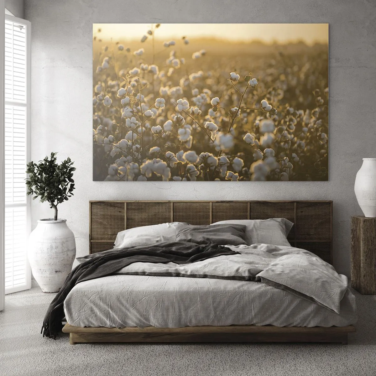 Tablou pe sticlă - Câmp de bumbac la apus - 70x50cm - Câmp pufos - Decorațiune modernă pentru perete pentru living și dormitor ARTTOR