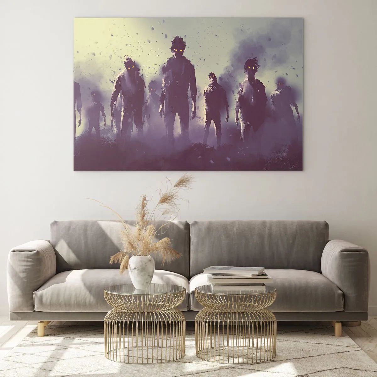Tablou pe sticlă - O ilustrație întunecată a unui grup de figuri în ceață - 70x50cm - Ai grijă! Se apropie - Decorațiune modernă pentru perete pentru living și dormitor ARTTOR