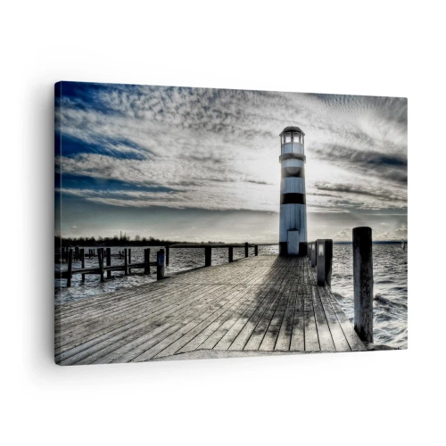 Tablou pe pânză Canvas - Far pe un dig de lemn cu vedere la mare. - 70x50cm - Marinari, abia aștept să vă văd - Decorațiune modernă pentru perete pentru living și dormitor ARTTOR